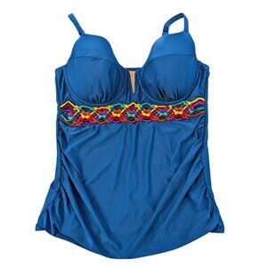 CACIQUE Macrame Tankini Swim Top 44DD Poseiden Blue Multi Woven Strands